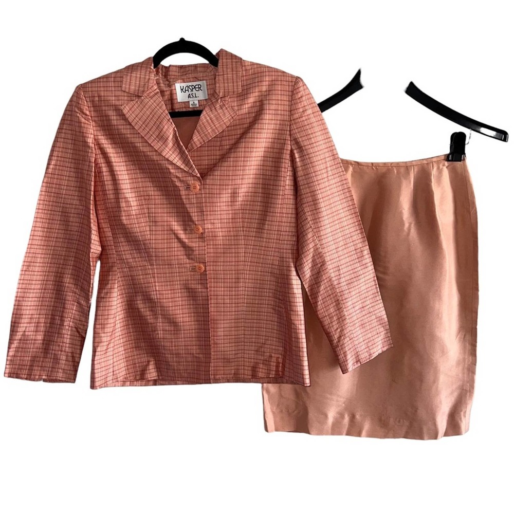 Kasper ASL SILK Plaid Women’s Skirt Blazer Jacket Suit Set Size 4